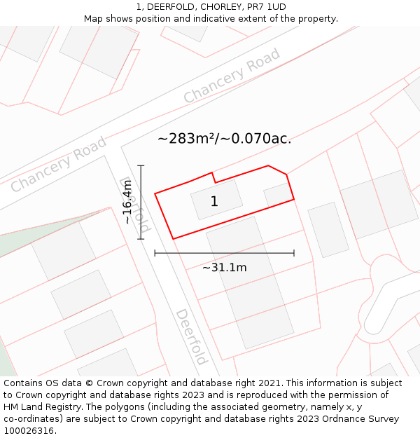 1, DEERFOLD, CHORLEY, PR7 1UD: Plot and title map