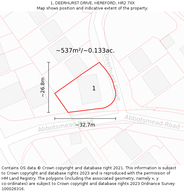 1, DEERHURST DRIVE, HEREFORD, HR2 7XX: Plot and title map