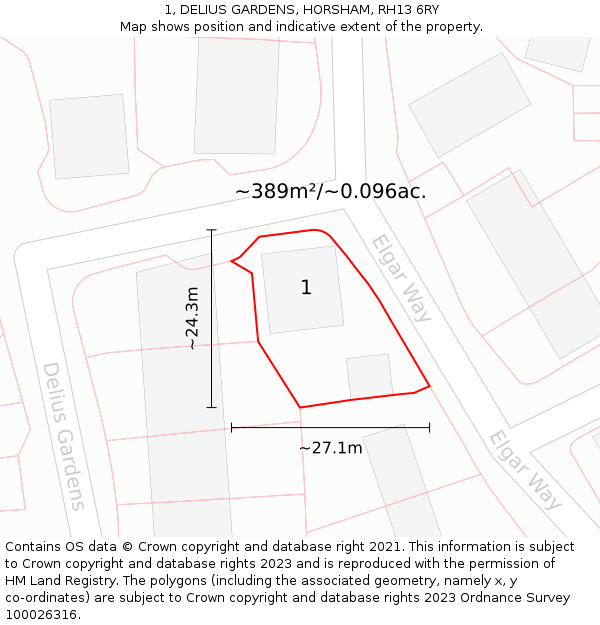 1, DELIUS GARDENS, HORSHAM, RH13 6RY: Plot and title map