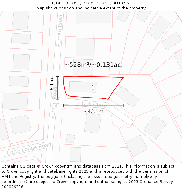 1, DELL CLOSE, BROADSTONE, BH18 9NL: Plot and title map