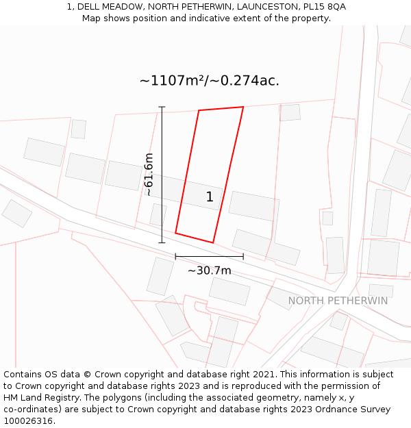 1, DELL MEADOW, NORTH PETHERWIN, LAUNCESTON, PL15 8QA: Plot and title map