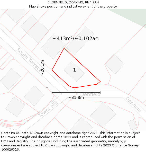 1, DENFIELD, DORKING, RH4 2AH: Plot and title map