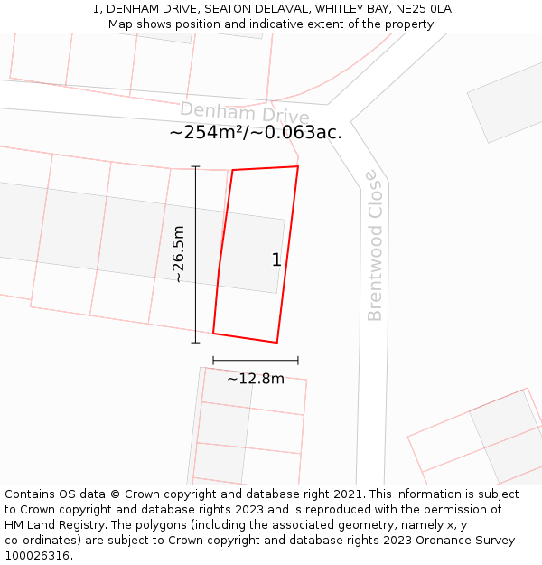 1, DENHAM DRIVE, SEATON DELAVAL, WHITLEY BAY, NE25 0LA: Plot and title map