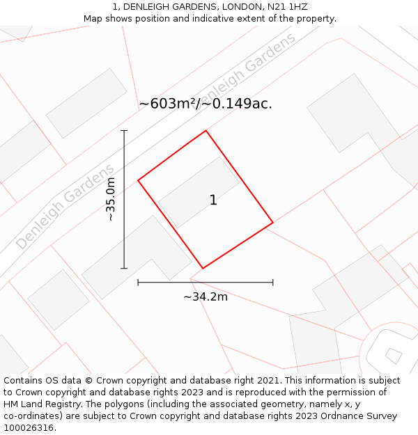 1, DENLEIGH GARDENS, LONDON, N21 1HZ: Plot and title map