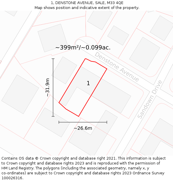 1, DENSTONE AVENUE, SALE, M33 4QE: Plot and title map