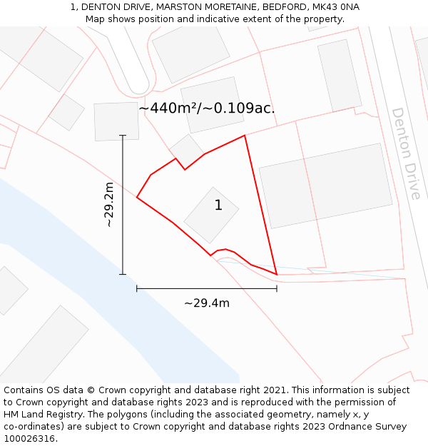 1, DENTON DRIVE, MARSTON MORETAINE, BEDFORD, MK43 0NA: Plot and title map