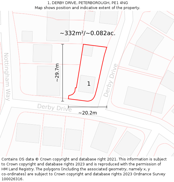 1, DERBY DRIVE, PETERBOROUGH, PE1 4NG: Plot and title map