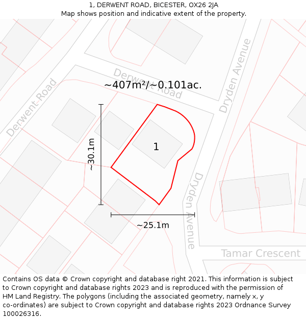 1, DERWENT ROAD, BICESTER, OX26 2JA: Plot and title map