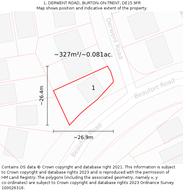 1, DERWENT ROAD, BURTON-ON-TRENT, DE15 9FR: Plot and title map