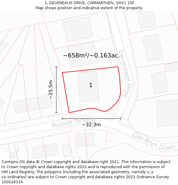 1, DEVEREAUX DRIVE, CARMARTHEN, SA31 1SF: Plot and title map