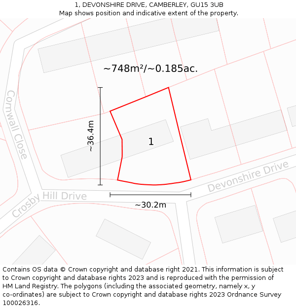 1, DEVONSHIRE DRIVE, CAMBERLEY, GU15 3UB: Plot and title map