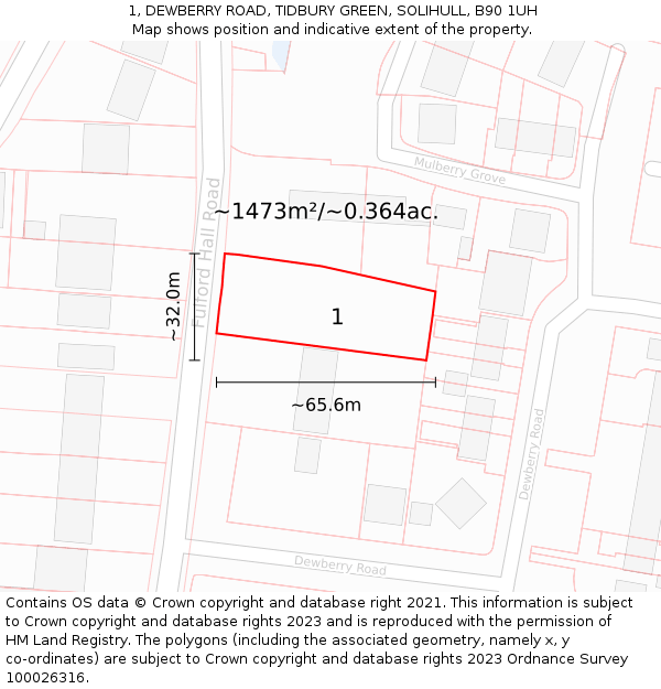 1, DEWBERRY ROAD, TIDBURY GREEN, SOLIHULL, B90 1UH: Plot and title map