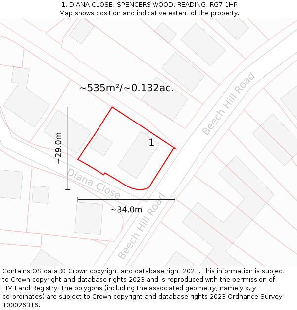 1, DIANA CLOSE, SPENCERS WOOD, READING, RG7 1HP: Plot and title map