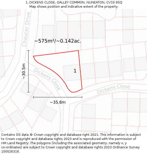 1, DICKENS CLOSE, GALLEY COMMON, NUNEATON, CV10 9SQ: Plot and title map