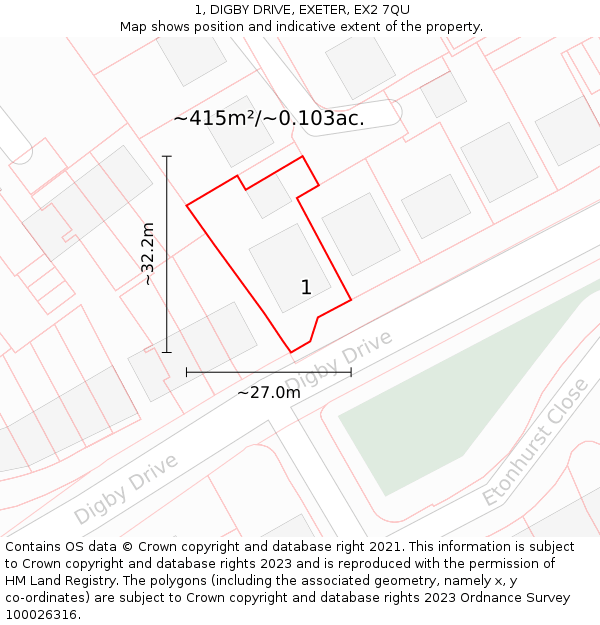 1, DIGBY DRIVE, EXETER, EX2 7QU: Plot and title map