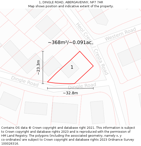 1, DINGLE ROAD, ABERGAVENNY, NP7 7AR: Plot and title map