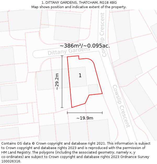 1, DITTANY GARDENS, THATCHAM, RG18 4BG: Plot and title map