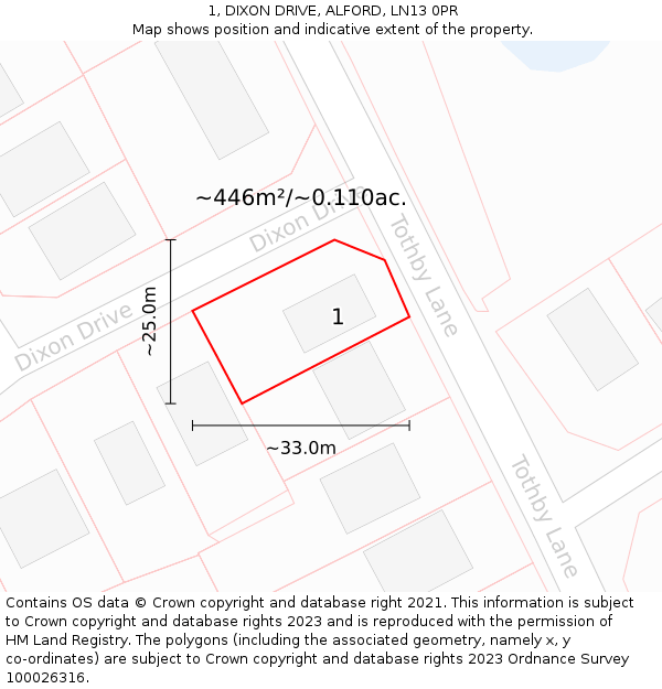 1, DIXON DRIVE, ALFORD, LN13 0PR: Plot and title map