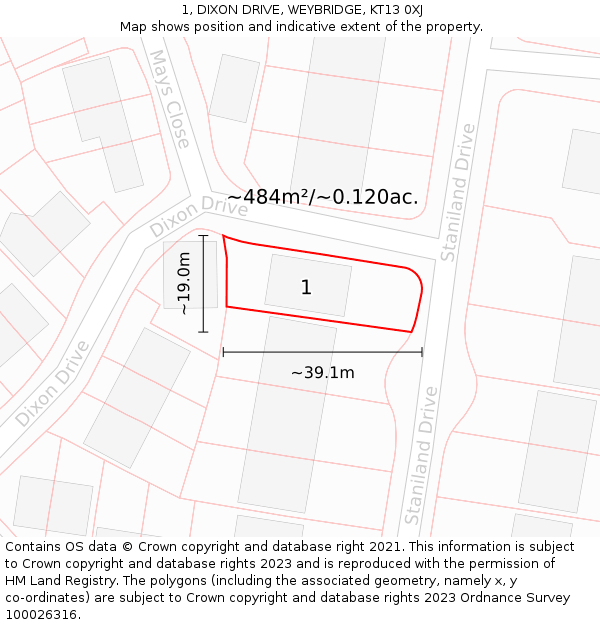 1, DIXON DRIVE, WEYBRIDGE, KT13 0XJ: Plot and title map