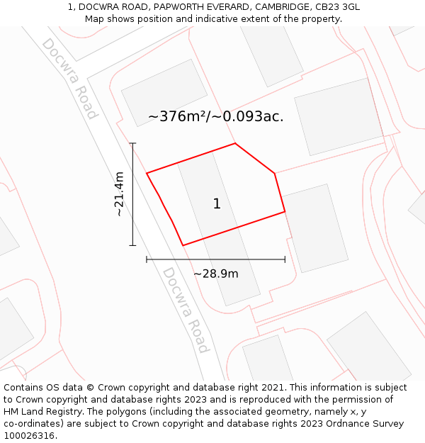 1, DOCWRA ROAD, PAPWORTH EVERARD, CAMBRIDGE, CB23 3GL: Plot and title map