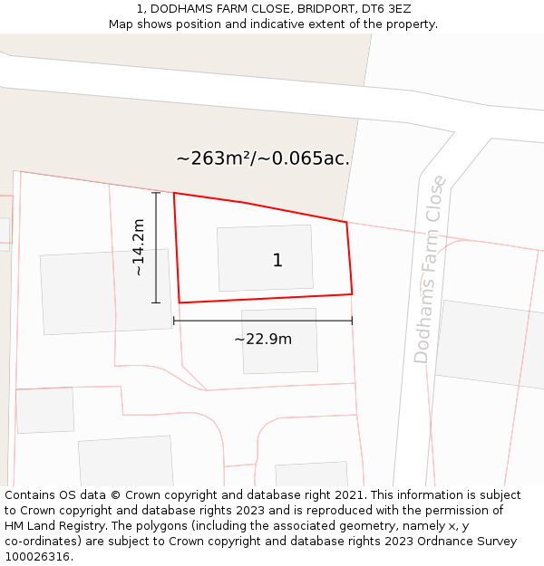 1, DODHAMS FARM CLOSE, BRIDPORT, DT6 3EZ: Plot and title map