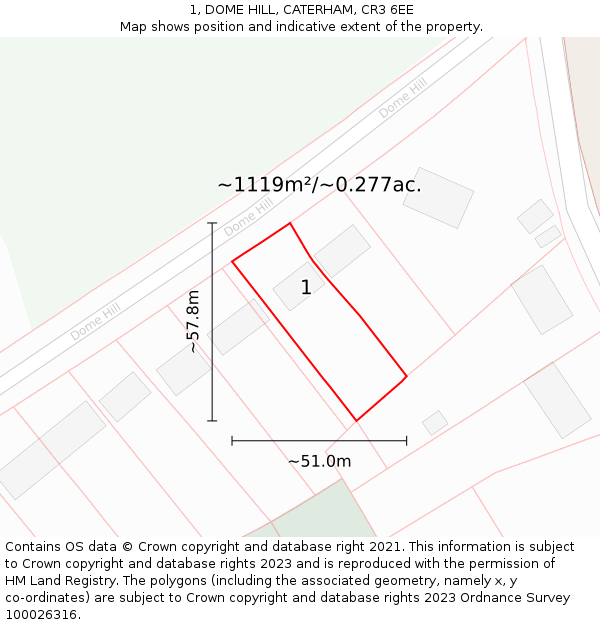 1, DOME HILL, CATERHAM, CR3 6EE: Plot and title map