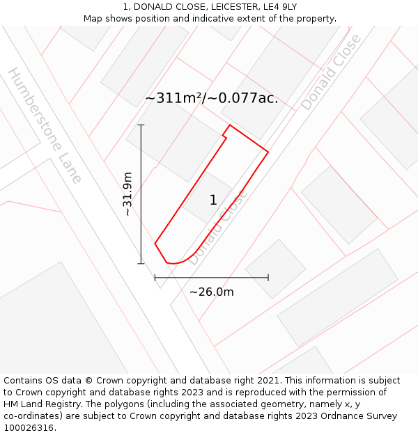 1, DONALD CLOSE, LEICESTER, LE4 9LY: Plot and title map