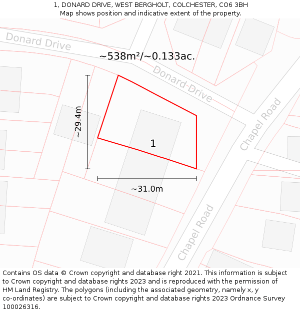 1, DONARD DRIVE, WEST BERGHOLT, COLCHESTER, CO6 3BH: Plot and title map