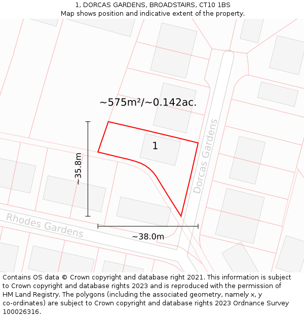 1, DORCAS GARDENS, BROADSTAIRS, CT10 1BS: Plot and title map