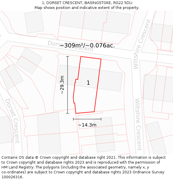 1, DORSET CRESCENT, BASINGSTOKE, RG22 5DU: Plot and title map