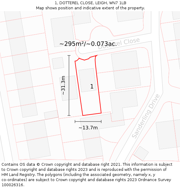 1, DOTTEREL CLOSE, LEIGH, WN7 1LB: Plot and title map