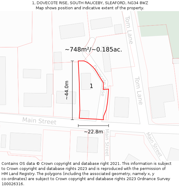 1, DOVECOTE RISE, SOUTH RAUCEBY, SLEAFORD, NG34 8WZ: Plot and title map