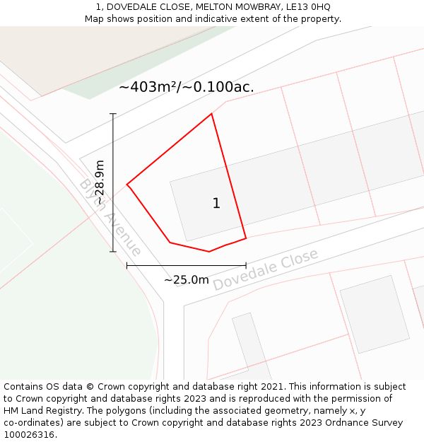 1, DOVEDALE CLOSE, MELTON MOWBRAY, LE13 0HQ: Plot and title map