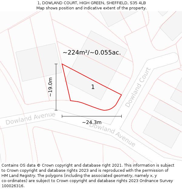 1, DOWLAND COURT, HIGH GREEN, SHEFFIELD, S35 4LB: Plot and title map