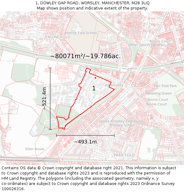 1, DOWLEY GAP ROAD, WORSLEY, MANCHESTER, M28 3UQ: Plot and title map