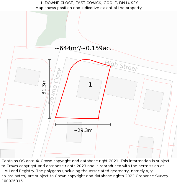 1, DOWNE CLOSE, EAST COWICK, GOOLE, DN14 9EY: Plot and title map