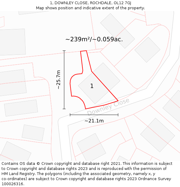 1, DOWNLEY CLOSE, ROCHDALE, OL12 7GJ: Plot and title map