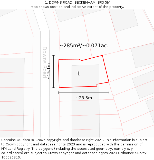 1, DOWNS ROAD, BECKENHAM, BR3 5JY: Plot and title map