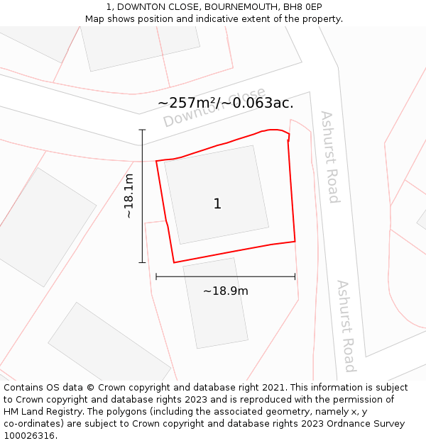 1, DOWNTON CLOSE, BOURNEMOUTH, BH8 0EP: Plot and title map