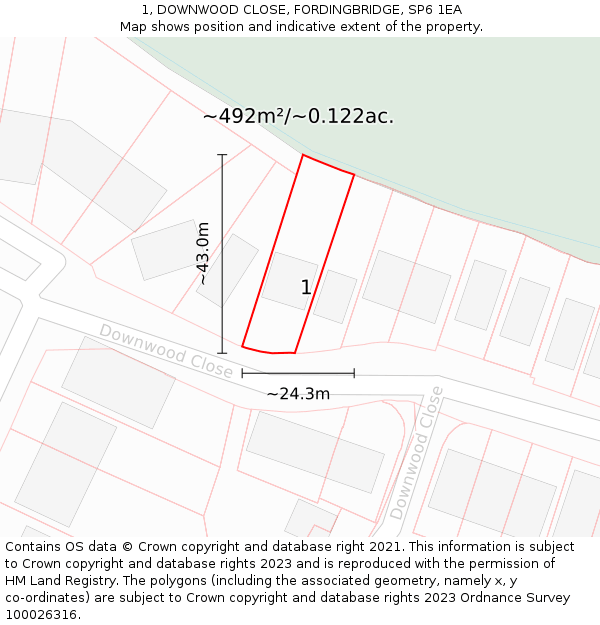 1, DOWNWOOD CLOSE, FORDINGBRIDGE, SP6 1EA: Plot and title map