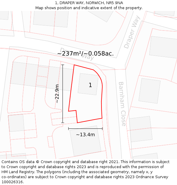 1, DRAPER WAY, NORWICH, NR5 9NA: Plot and title map