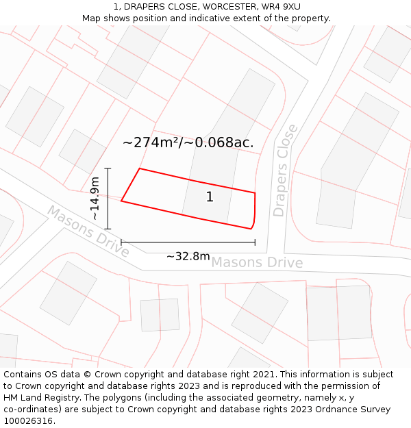 1, DRAPERS CLOSE, WORCESTER, WR4 9XU: Plot and title map