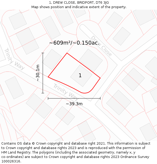 1, DREW CLOSE, BRIDPORT, DT6 3JG: Plot and title map