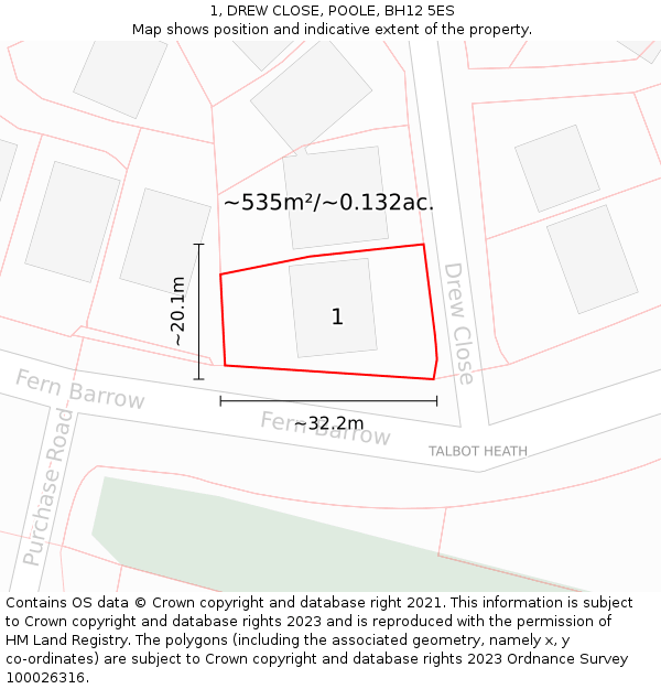 1, DREW CLOSE, POOLE, BH12 5ES: Plot and title map