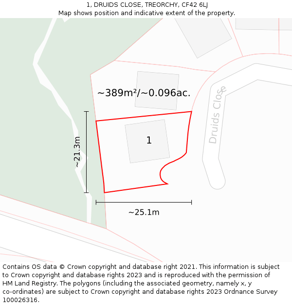 1, DRUIDS CLOSE, TREORCHY, CF42 6LJ: Plot and title map