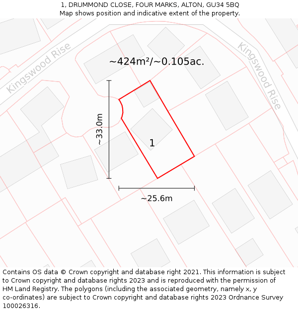 1, DRUMMOND CLOSE, FOUR MARKS, ALTON, GU34 5BQ: Plot and title map