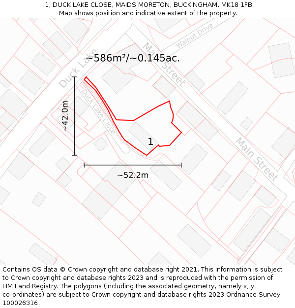 1, DUCK LAKE CLOSE, MAIDS MORETON, BUCKINGHAM, MK18 1FB: Plot and title map