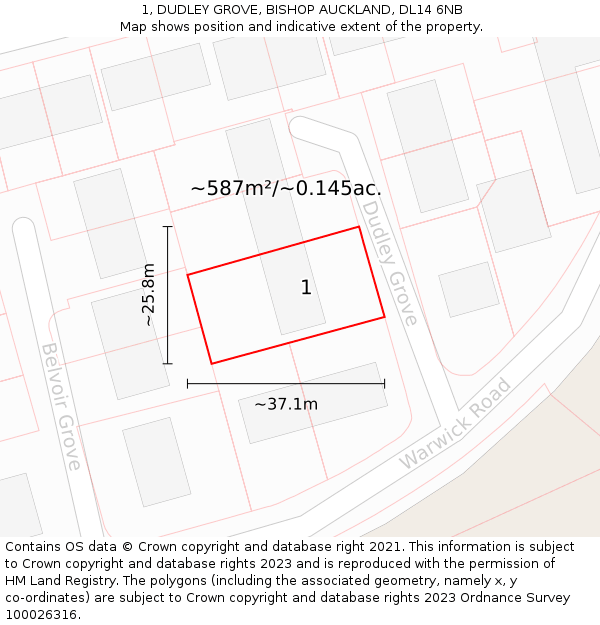 1, DUDLEY GROVE, BISHOP AUCKLAND, DL14 6NB: Plot and title map