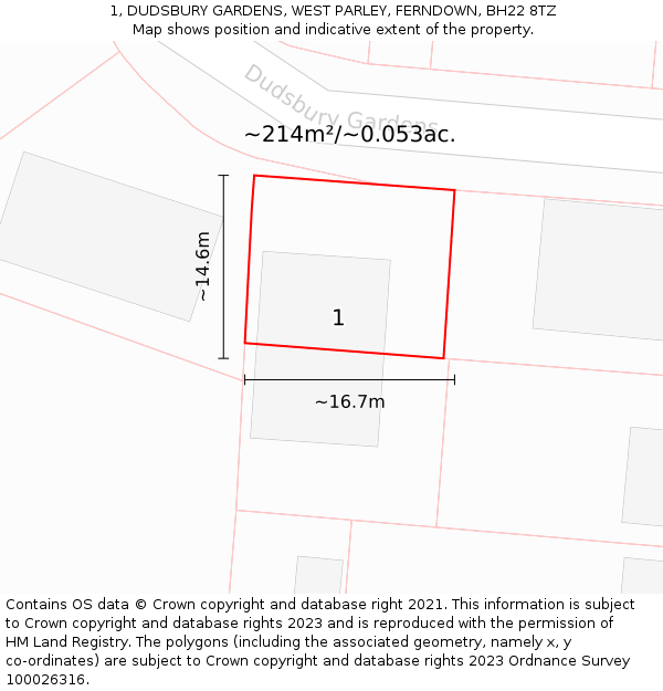 1, DUDSBURY GARDENS, WEST PARLEY, FERNDOWN, BH22 8TZ: Plot and title map