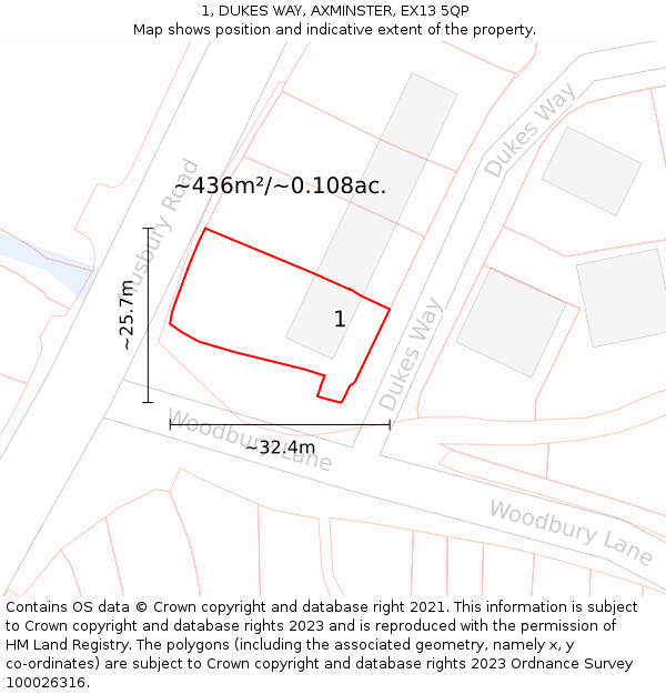 1, DUKES WAY, AXMINSTER, EX13 5QP: Plot and title map